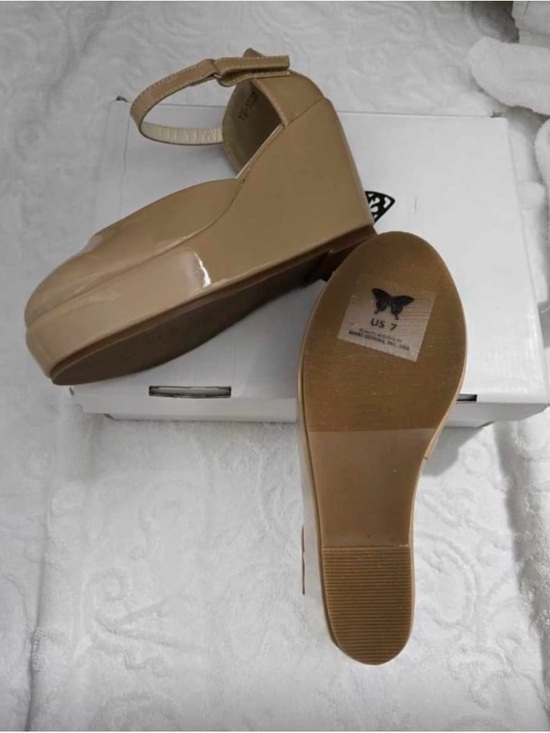 Marc Defang Shoes - Patent Platform Wedge with Ankle Strap - Beige